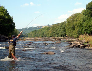 An angler showing where to catch trout in summer on the upper Wye